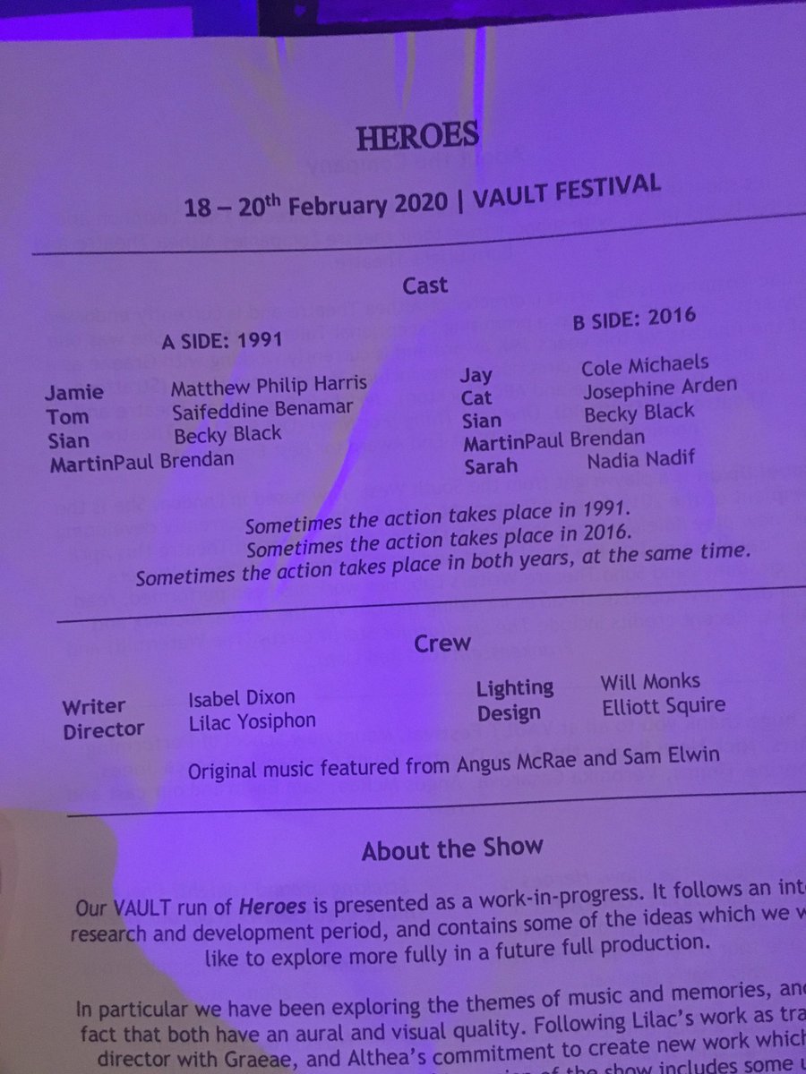 Fabulous work from everyone in <a href="/heroestheplay/">Heroes #VAULTFestival2020</a> - really interesting, complex treatment of the people who’re important to us and how we deal with their flaws.