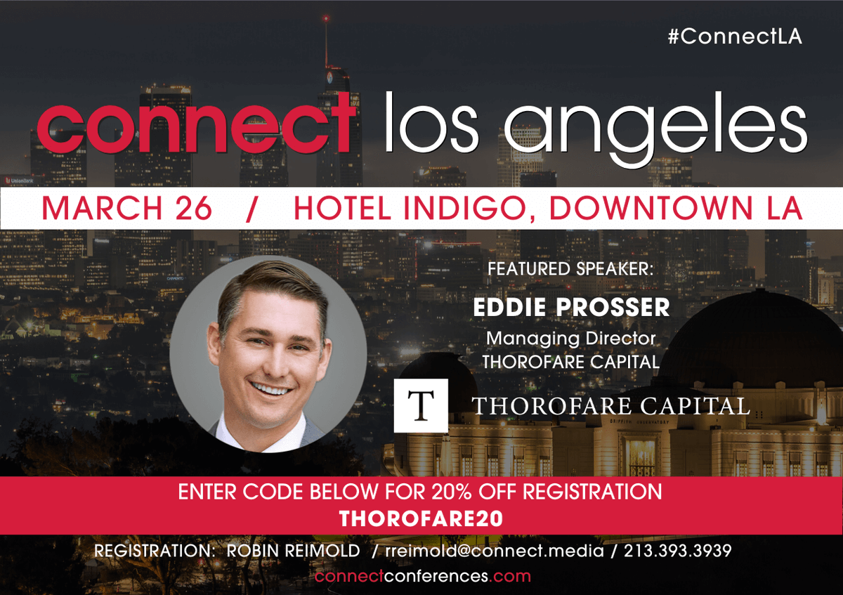 .<a href="/ThorofareCap/">Thorofare Capital</a> is a proud sponsor of <a href="/connectcre/">Connect Commercial Real Estate</a>'s Los Angeles event at the Hotel Indigo DTLA where our Managing Director, Eddie Prosser, will be speaking. Use promo code THOROFRE20 to get 20% off tickets: connectconferences.com/losangeles2020/ #CRE #commercialrealestate #ThorofareCapital