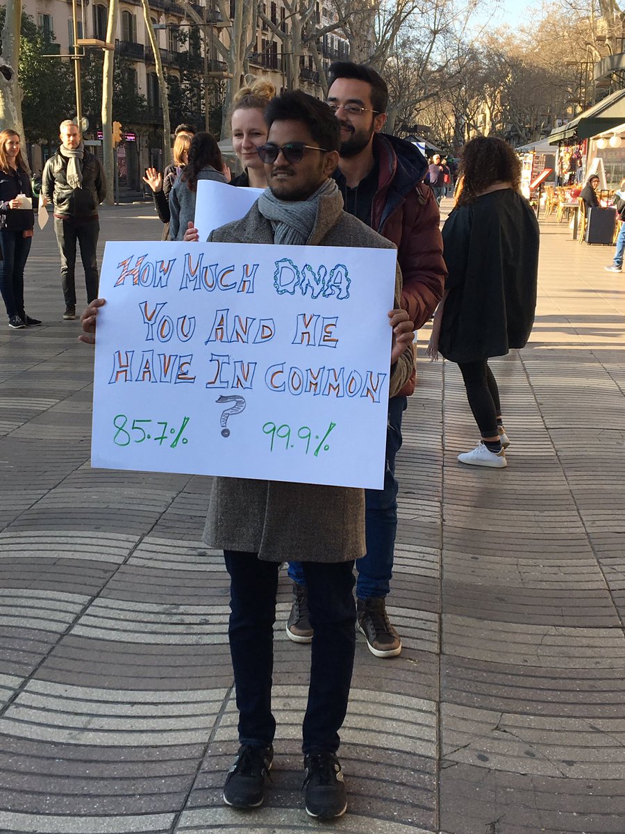 ChromDesign's tweet photo. How long is your DNA? Do I look like a scientist? How much DNA you and me have in common? Would you marry this biologist? Reaching people in La Rambla to have a hands-on approach to science.
#ChromDesign #SciComWinterSchool https://t.co/JjFh9RoskI
