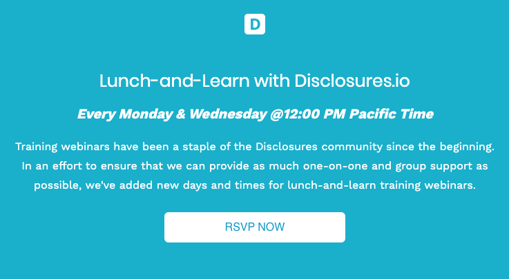 disclosuresio's tweet photo. There is still time to sign up for todays lunch and learn webinar, at 12pm. We'd love to have you there!
Join us next week on either Monday or Wednesday at 12pm pst. 
RSVP Here: https://t.co/WYJP5eYSlp   

#realtorlife #neverstoplearning #disclosuresio https://t.co/nLgDHikTjN