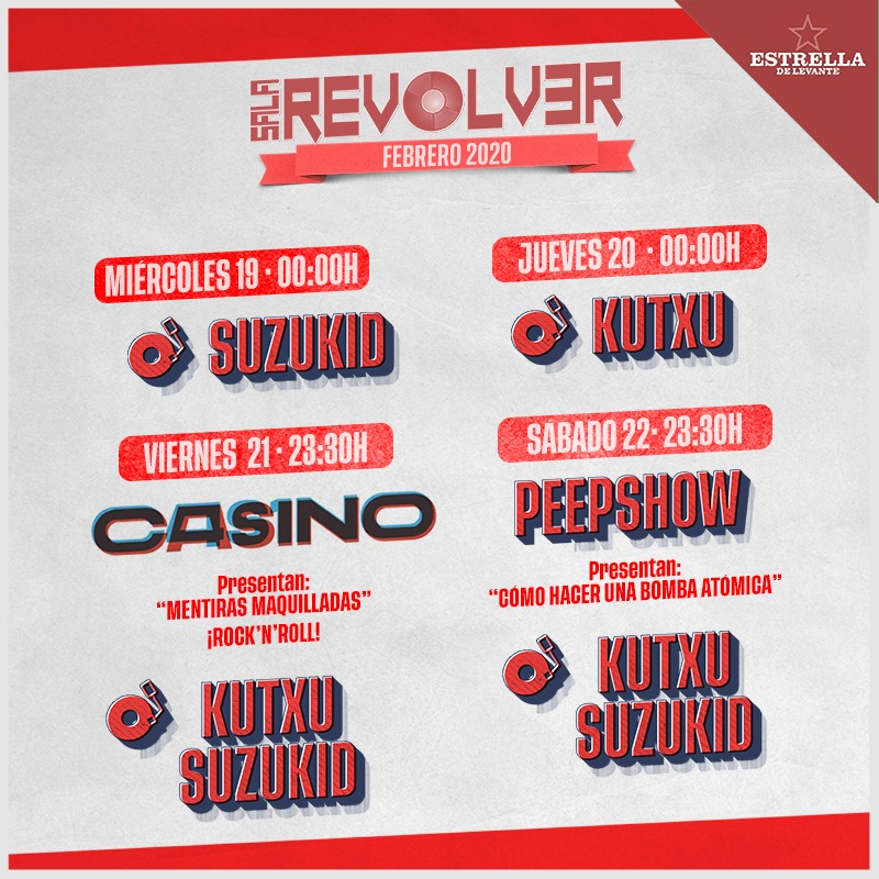 ¡Empezamos un nuevo fin de semana cargado de buena música en SALA REVÓLVER!!
Esta vez, con los directos de Casino y PEEPSHOW, y las sesiones de nuestros djs Suzukid Dj y Kutxu Dj.
