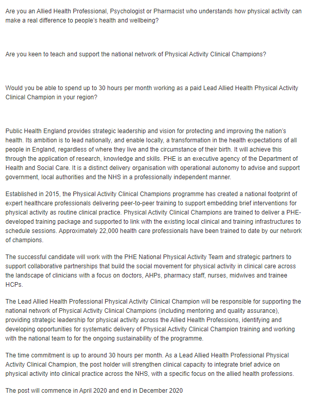 pubhealthjobsuk's tweet photo. CALLING ALL ALLIED HEALTH PROFESSIONALS, PSYCHOLOGISTS &amp; PHARMACISTS.

This is for you.

Lead Allied Health Physical Activity Clinical Champion
Public Health England
Flexible on location
£61,777 - £72,597 pro rata (max of 30 hours per month)
Closes 08/03

https://t.co/6u4GvzvruA https://t.co/G50CnCCSlU