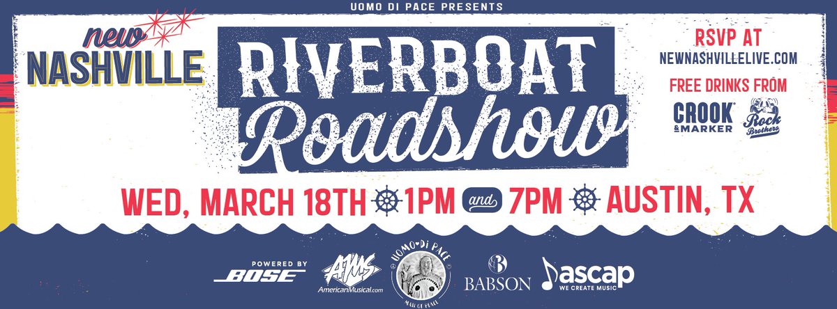 ASCAP's tweet photo. Next month we're headed to Austin for #sxsw!

Join us at @NewNashLive Austin Riverboat Roadshow showcase on March 18 w/ #ASCAP members @jillandrews @futurethieves @thewanderhearts @mercybell @jamieskent @volk_band @savannah_sgro! 

RSVP here> https://t.co/BzXTCh7GQs https://t.co/Q01MNaiRJc