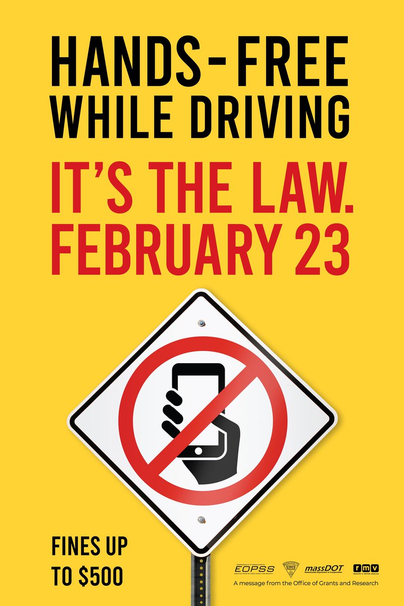 ⚠🚙📵 Reminder! Massachusetts' new hands-free driving law takes effect on February 23rd! The law prohibits operators of motor vehicles &amp; bicycles from using any electronic device, including mobile telephones, unless the device is used in hands-free mode: bit.ly/2GVNqOn