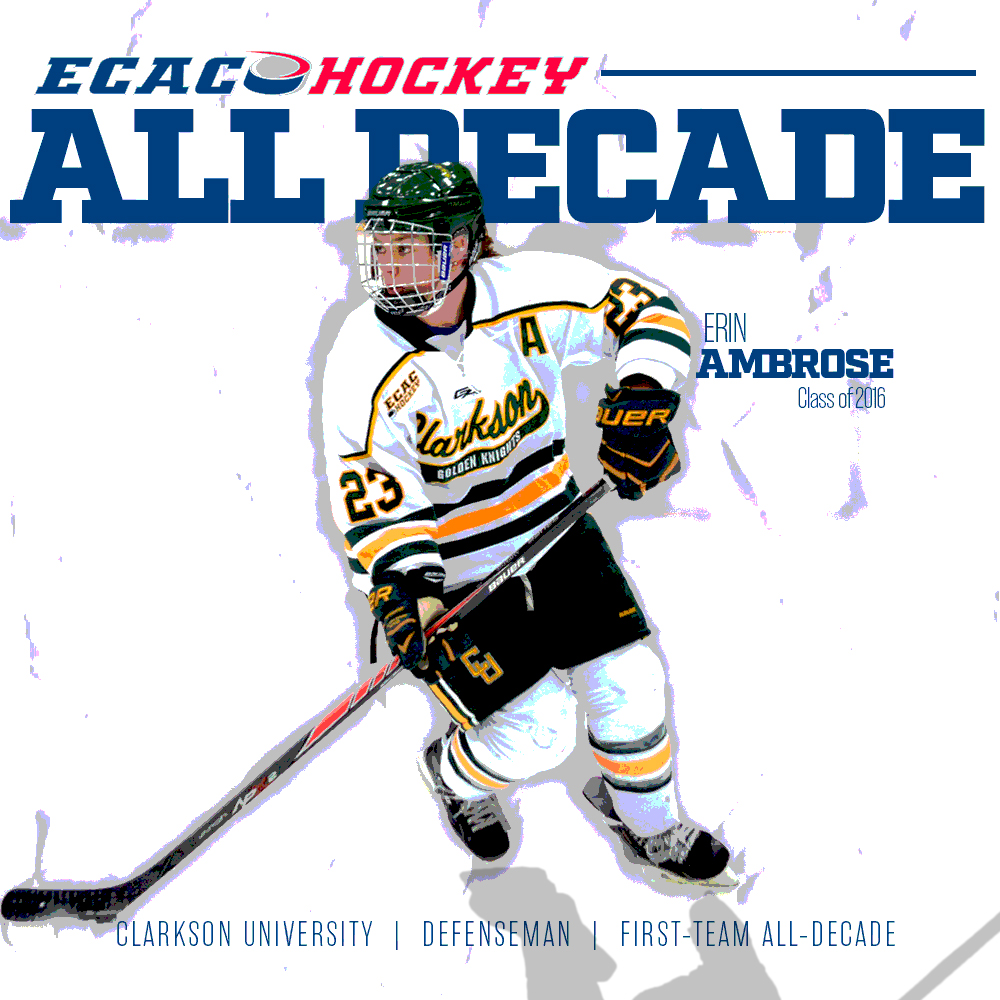 #ECACHockey First-Team All-Decade: Erin Ambrose.

The @CUknights standout patrolled the blue line for the Golden Knights between 2013-16, earning two First-Team All-League selections. She was the Co-Best Defenseman in '14, and earned First-Team All-American status.