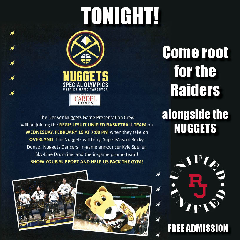 RegisJesuitHS's tweet photo. TONIGHT: Come #RootfortheRaiders at the @SpecOlympicsCO Unified B-Ball game vs. Overland as the @nuggets come to campus for a special takeover event that includes their announcer and #GreatRaider Kyle Speller '89. Don't miss out on the fun! #GoRaiders #ChoosetoInclude #RJLife https://t.co/fLgyj33jTC