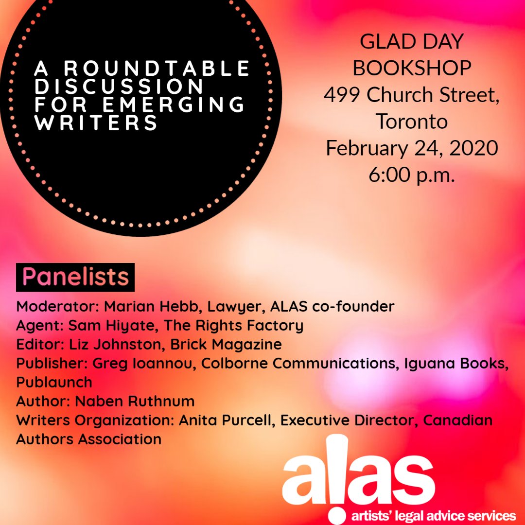 alasontario's tweet photo. Writers! Artists' Legal Advice Services has an event for YOU! Monday Feb 24 at 6 pm at @gladdaybooks  you can ask a panel of industry professionals all your pressing legal and business questions to get your career off the ground! Tickets and details here: https://t.co/DzxAXJB4tB https://t.co/2e2nzBVM8Z