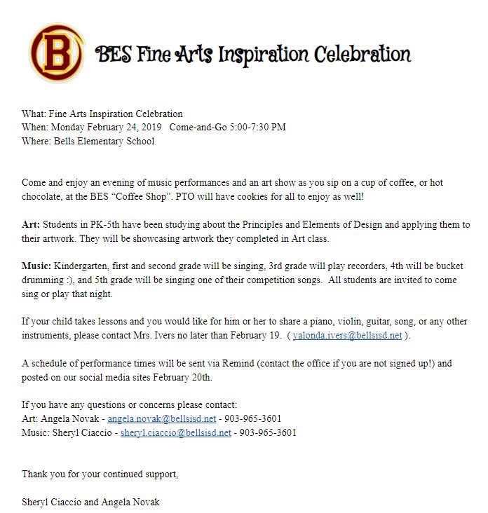 Bell_ES_TX's tweet photo. We are four days away from our Fine Arts Inspiration Celebration! A letter with details went home with every BES Panther yesterday. If the letter was misplaced, please follow the link! We are looking for talented Panthers we may not know about to perform! See photo for details. https://t.co/D2QpJlLByK