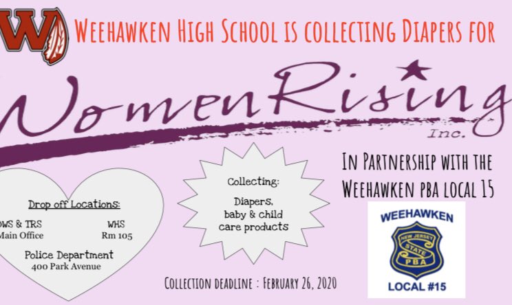 WeehawkenPBA15 (@weehawkenpba15) on Twitter photo Less than a week left to donate! We are happy to partner with the Weehawken High School for such a great cause. Looking for donations for diapers and child care products which benefits <a href="/WomenRisingInc/">WomenRisingInc</a> Less than a week left to donate! We are happy to partner with the Weehawken High School for such a great cause. Looking for donations for diapers and child care products which benefits <a href="/WomenRisingInc/">WomenRisingInc</a>