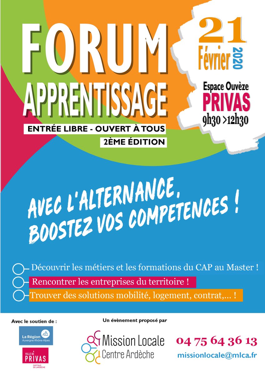 📢 Boostez votre alternance ❗️
Forum de l'apprentissage proposé par la Mission Locale Centre Ardèche
🗓️ Vendredi 21 février 
⏲️ 9h30-12h30
📍 Espace Ouvèze - Privas
😀 Accès libre
👉 mlca.fr/les-actualites…
#alternance #apprentissage #Vocations #Talents #VocationsLeFestival