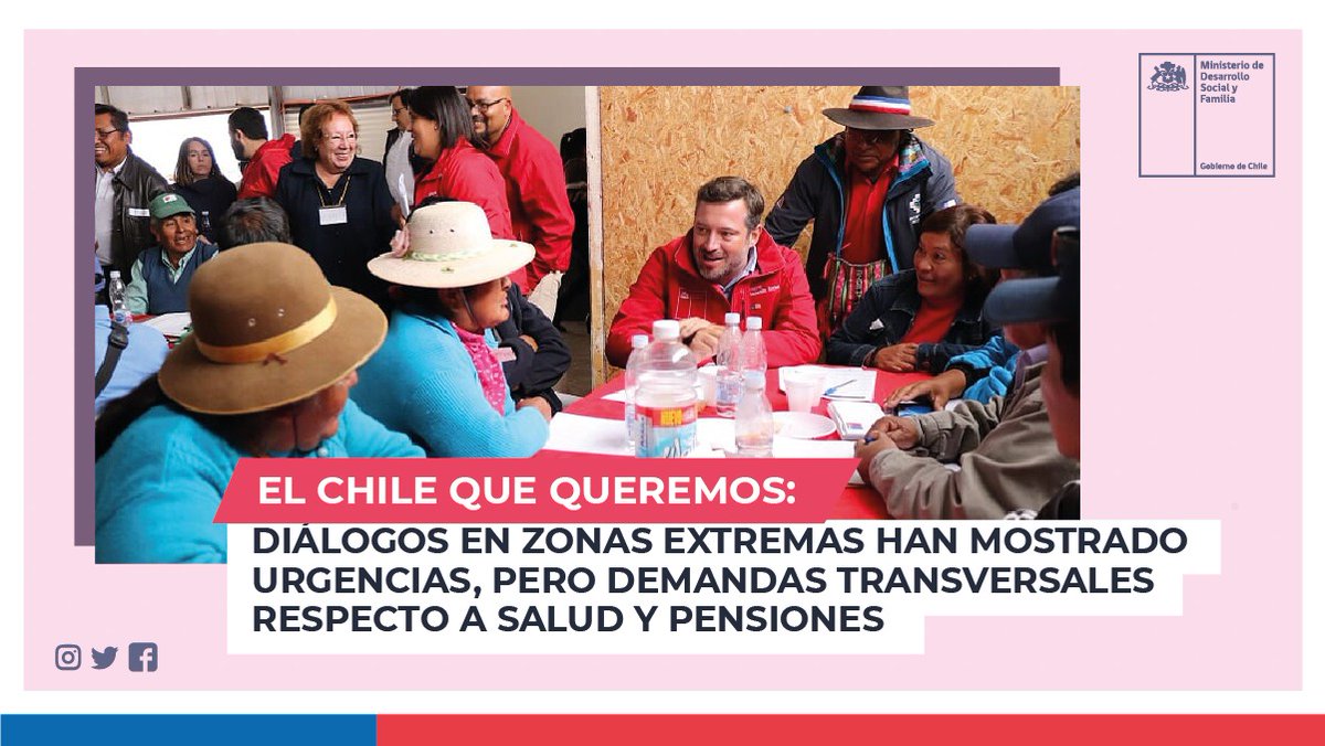 El ministro <a href="/sebastiansichel/">Sebastián Sichel</a> valoró la participación en los diálogos ciudadanos de #ElChilequeQueremos que han recogido las prioridades de más de cien mil personas a lo largo del país, para la elaboración de la hoja de ruta social del <a href="/GobiernodeChile/">Gobierno de Chile</a> 👉bit.ly/CHqQzE