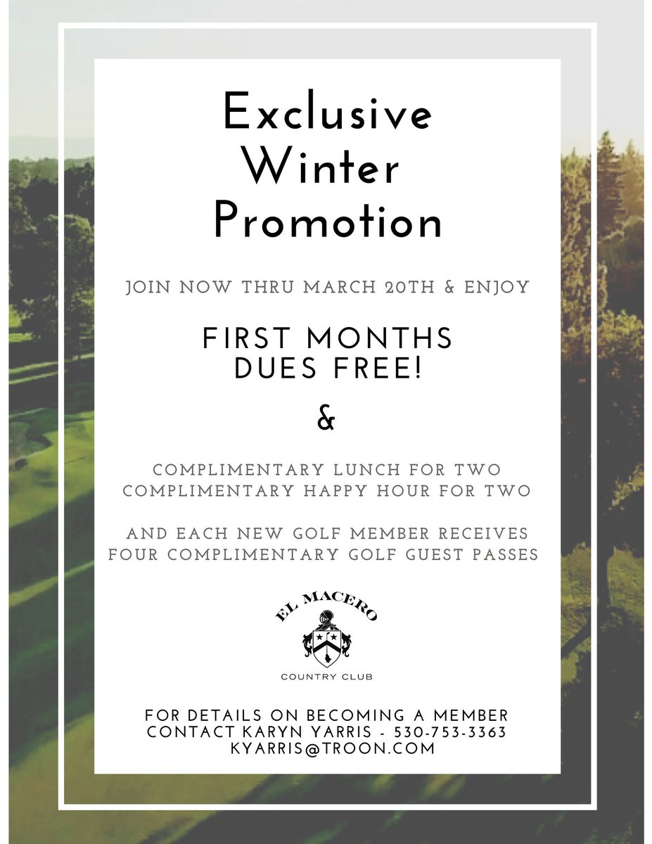 Exclusive Winter Promotion at <a href="/ElMaceroCC/">El Macero Country Club</a>  - NOW through March 20th!