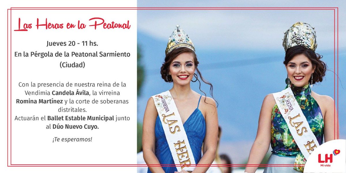 lasherasmza's tweet photo. 👸🏻🎶 Este jueves 20 en la Peatonal Sarmiento, te esperamos desde las 11 hs en la Pérgola cercana al Km 0 junto a nuestras reina y virreina departamental de la Vendimia y a la corte. Acercate a disfrutar del Ballet Estable Municipal junto al Dúo Nuevo Cuyo https://t.co/HL7XgcOUlM