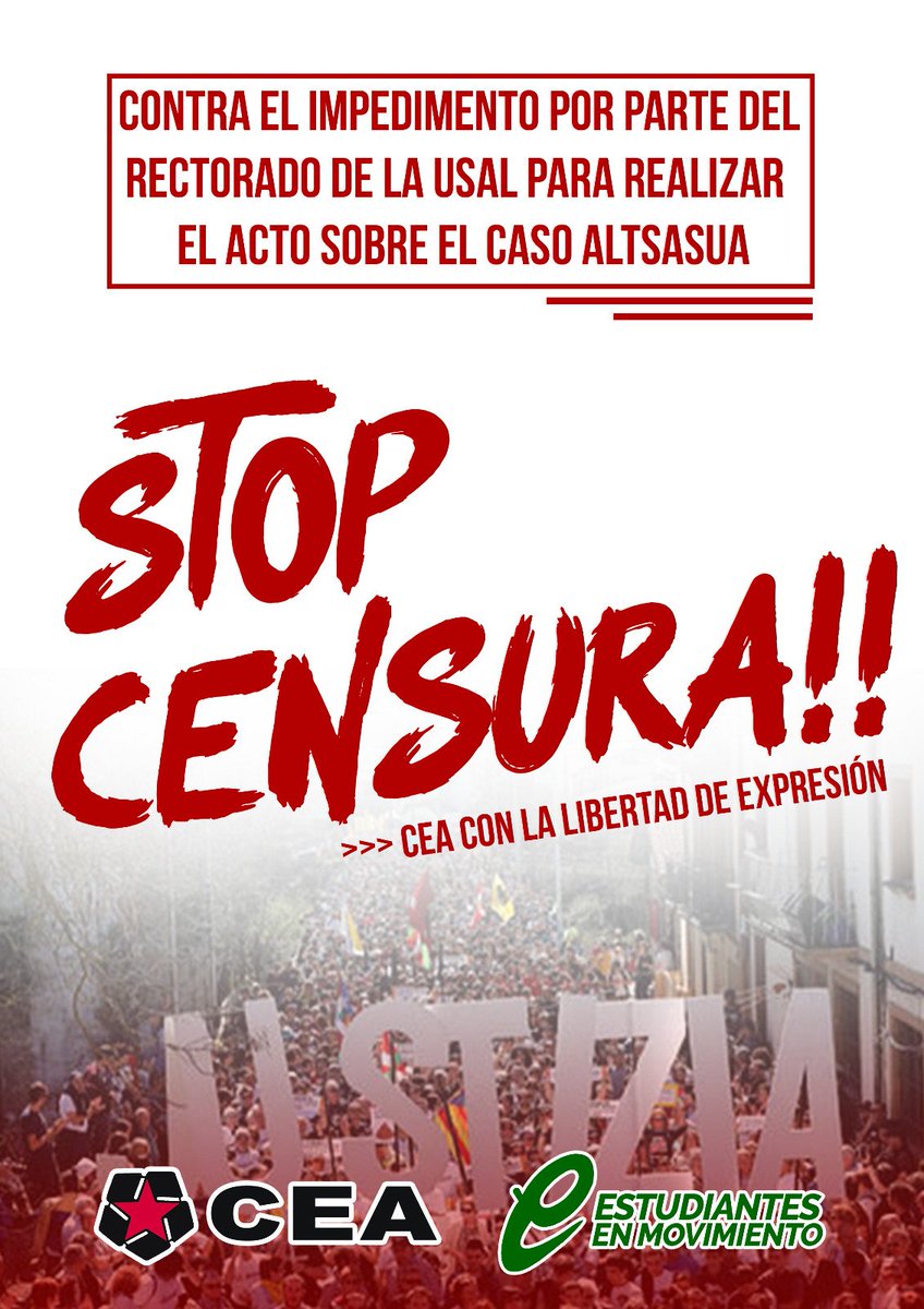 CEAestudiantes's tweet photo. La @USAL ataca la libertad de expresión 🤫 y nos prohíbe organizar un acto con @Altsasugurasoak 🚫. El rectorado entra en una deriva represiva intolerable. 

Exigimos su inmediata rectificación 📄 y explicamos en este hilo nuestra denuncia ⤵️⤵️

#USALCensura https://t.co/snPnaqYbhB