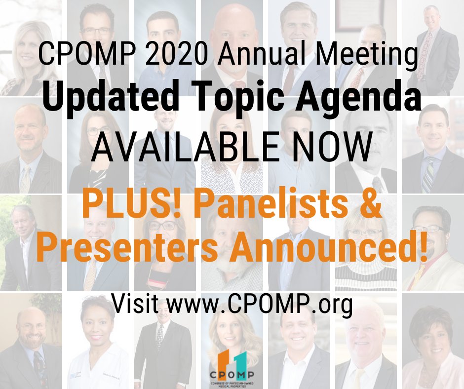 CPOMPorg's tweet photo. Updated CPOMP 2020 Agenda announced! View it here: https://t.co/me46YI4Q2H

See who will be at CPOMP 2020: https://t.co/Gv9i89AZg7

Spots are nearly full, so register today!

#CPOMP2020 #medicalrealestate #conferences #annualmeeting #physicianowned #speakers https://t.co/agG9meh3y5