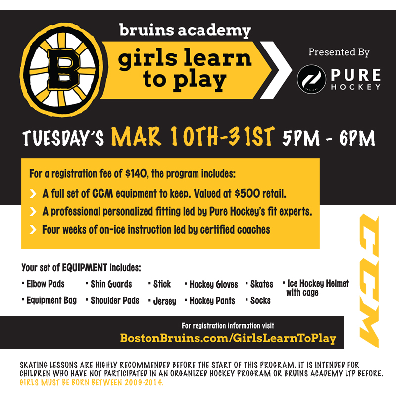 BRUINS GIRLS LEARN TO PLAY: REGISTRATION CLOSES FRIDAY! The Leprechauns are proud to host the Bruins Academy Girls Learn To Play program at Rodman Arena this March. For just $140 get 4 sessions and a full set of equipment. Sign up at bostonbruins.com/girlslearntopl…