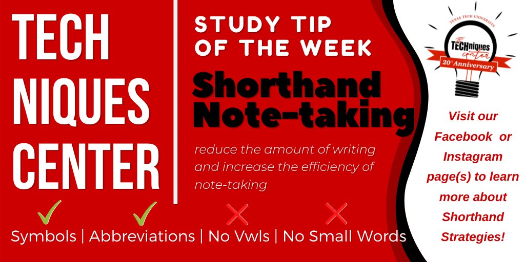 TECHniquesTTU's tweet photo. No more sore hands from note-taking! This week's Study Tip of the Week focuses on ways to reduce the amount of writing you do while increasing the efficiency of note-taking. Check out our FB/Insta accounts to learn more! 

#techniquescenter #techniquesttu #ttu_sds  #ttu https://t.co/lzoLUye739