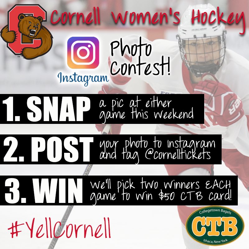 bigredtix's tweet photo. Come to Lynah to cheer on the nation’s #1 team @cornellwhockey AND be entered to win a $50 @collegetownbagels gift card! Come to the game, take a 📷, post to Instagram, tag @cornelltickets... it’s that simple! Two winners for each game this weekend! #YellCornell https://t.co/ExOMpZQUK9