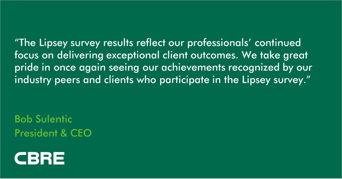 CBRE's tweet image. CBRE named top real estate brand in @TheLipseyCo Survey for 19th consecutive year. cbre.co/2V7hXB4