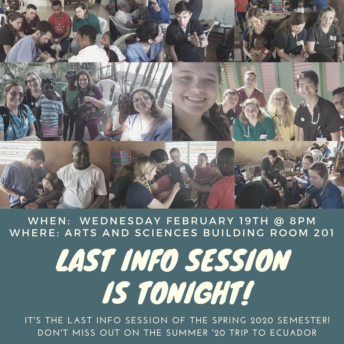 briarroll's tweet photo. Come one come all to our very last info session for the 2020 Ecuador trip! Don't miss out on your chance to come with us to Ecuador and help those in need of healthcare while gaining hands on experience. Bring a friend and tell friend! We don't want anyone to miss out on this! https://t.co/fN8oy7XT3J