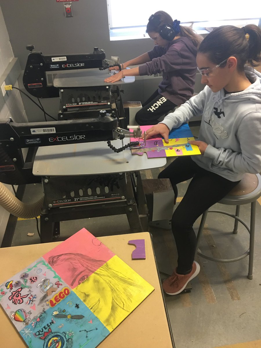 Gr.7 students have been unravelling the layers that create their identity through an integrated social studies/art/CTF project. Scroll saws and coping saws make their original art into puzzles.