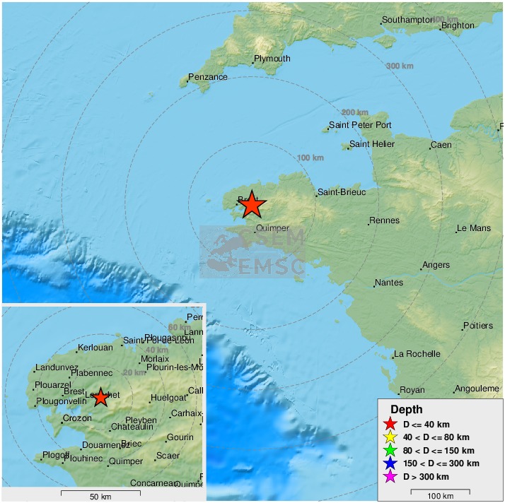 EMSC (@LastQuake) on Twitter photo 2020-02-19 21:30:28 Felt #earthquake (#séisme #TremblementDeTerre) M3.8 strikes 24 km E of #Brest (#France) 9 min ago. Please report to: emsc-csem.org/Earthquake/ear… Felt #earthquake (#séisme #TremblementDeTerre) M3.8 strikes 24 km E of #Brest (#France) 9 min ago. Please report to: emsc-csem.org/Earthquake/ear…
