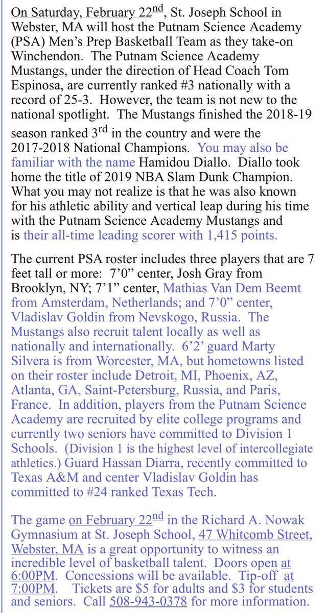PSA_Mustangs's tweet photo. For all @PSAhoops family, friends and fans.... an article from the Webster Times about our upcoming game this Sat 2/22/20 at St Joseph School in Webster, Mass! #tipoff7pm #winchendon #planahead #mustangs #psahoops https://t.co/p7iZUQYojy
