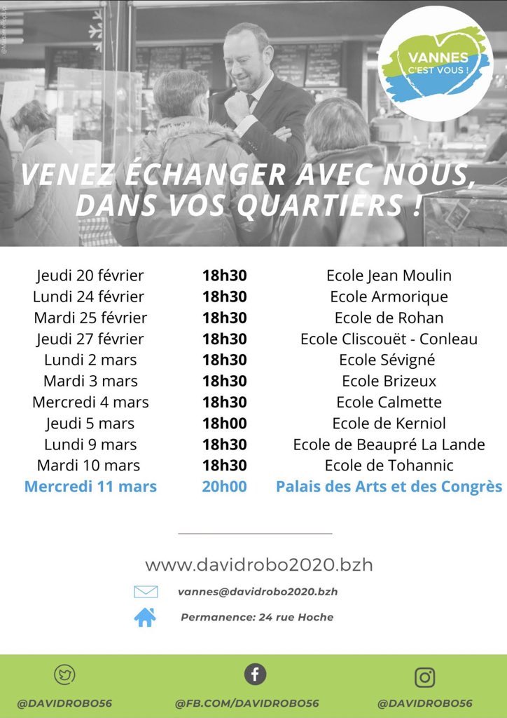 ALehenanff's tweet image. #VannesCestVous #DavidRobo2020 
A partir d&apos;aujourd&apos;hui, en complément du programme et des communications écrites, nous vous invitons à venir rencontrer @DavidRobo56 et son équipe. 1 date pour chaque quartier 👇 Des questions, des réactions, des suggestions ...? C&apos;est le moment !