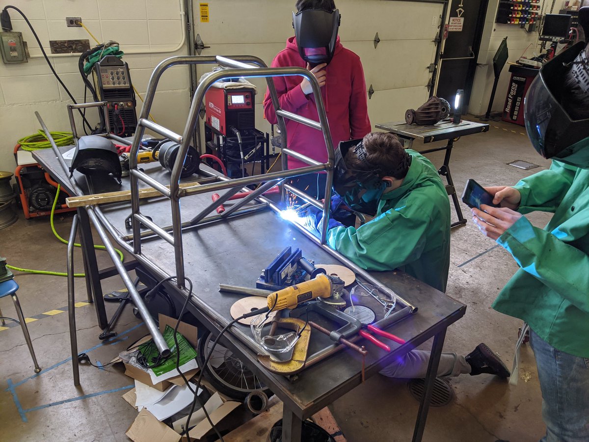 jdufkis's tweet image. Students got to welding up the main hoop on the steel high mileage car today. 1 more day of welding and the main hoop will be fully welded.