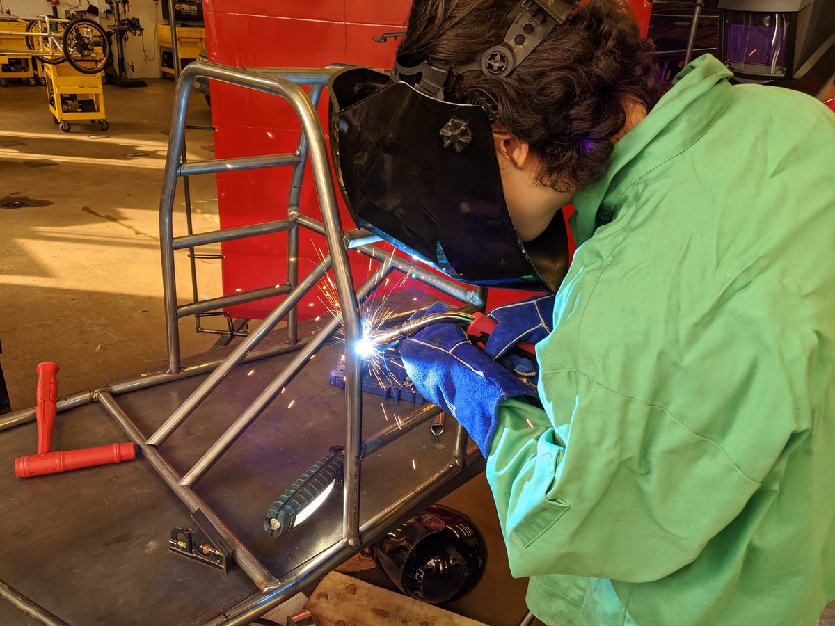 jdufkis's tweet image. Students got to welding up the main hoop on the steel high mileage car today. 1 more day of welding and the main hoop will be fully welded.