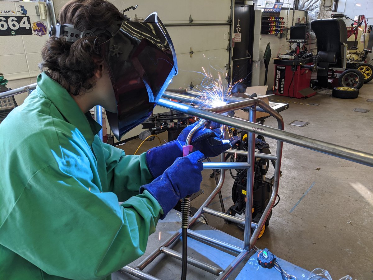 jdufkis's tweet image. Students got to welding up the main hoop on the steel high mileage car today. 1 more day of welding and the main hoop will be fully welded.