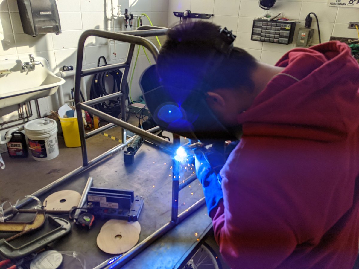 jdufkis's tweet image. Students got to welding up the main hoop on the steel high mileage car today. 1 more day of welding and the main hoop will be fully welded.