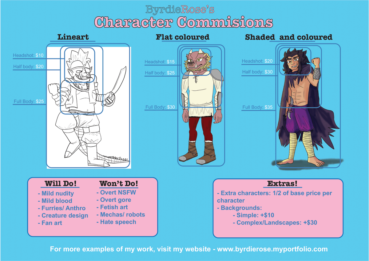 ByrdieRose's tweet photo. Hi Twitter! I'm finally opening up commissions. Feel free to contact me either through DM's or through my discord. As per usual, you can find more examples on my website https://t.co/OxPvgJbzWx . Prices are listed below.
#artistsontwitter #commissionsopen #characterart https://t.co/1XXHD9IXh7