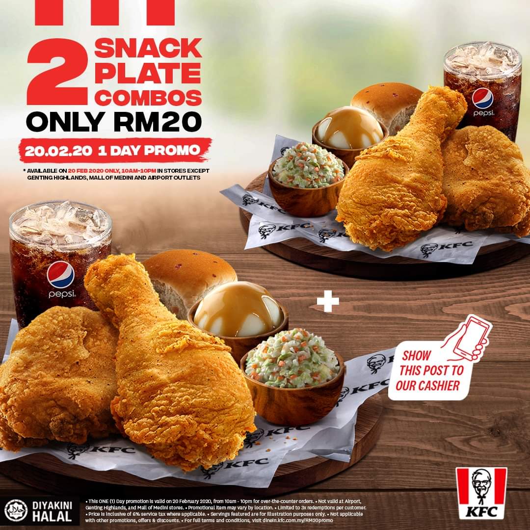vissionerz's tweet photo. Save gambar ni tunjuk pada cashier untuk dapatkan 2 snack plate combos dengan harga RM20 pada hari ini sahaja (20.2.2020)
.
Kalau kfc delivery masukkan kod DOUBLEAYAM
#hellomypromo https://t.co/CZ4djBozkX