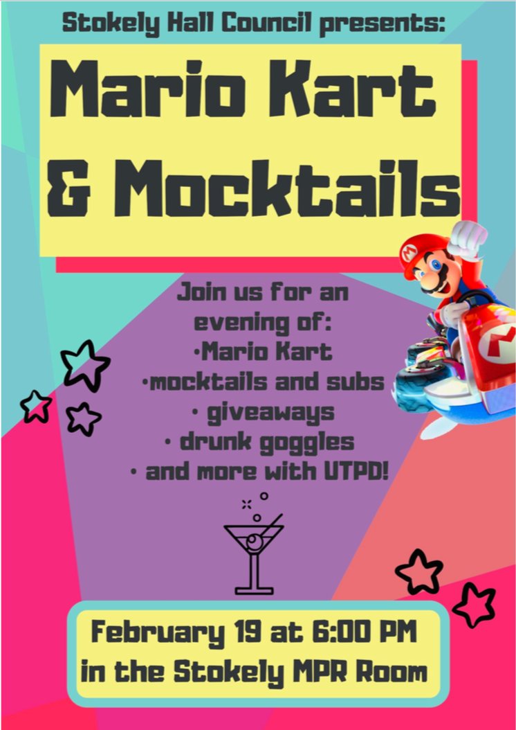 UTK_Housing's tweet photo. @StokelyHallUTK If you're looking to relax, come down to the Stokely MPR room! There will be Mario Kart, mocktails, drunk goggles, and more starting at 6:00pm! Check out the flyer for more info. https://t.co/3nVjbEOAjo