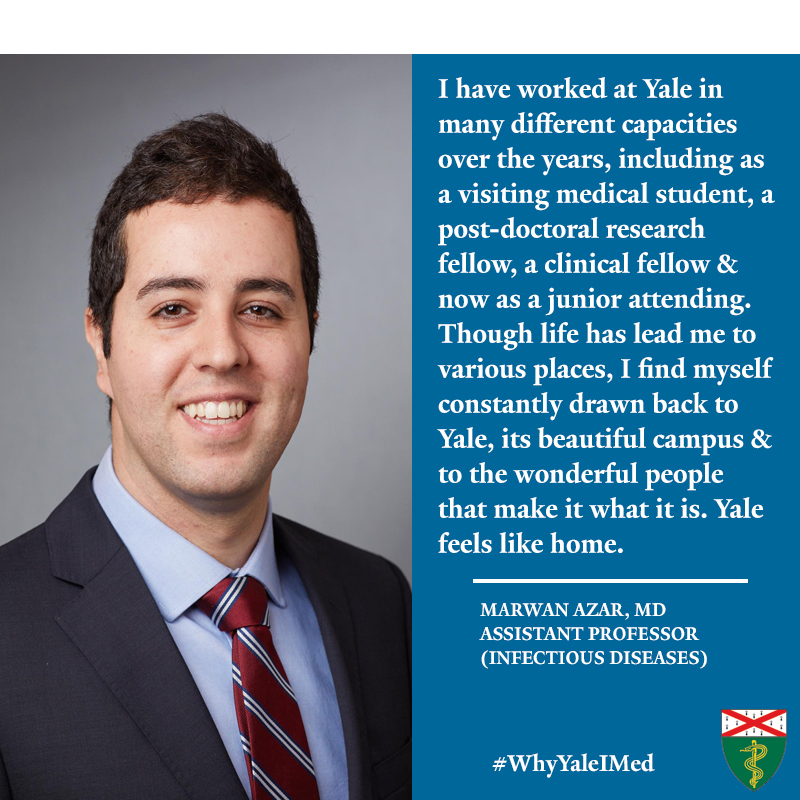 YaleIMed's tweet photo. Despite the many places he's been, for Dr. Marwan Azar, @YaleMed feels like #home. This is #WhyYaleIMed. For more on @Yale Dept. of Internal Medicine, visit https://t.co/RVUGaayFM4
#YaleInfectiousDiseases #AcademicMedicine #WednesdayWisdom https://t.co/d9fnQ8MkHB
