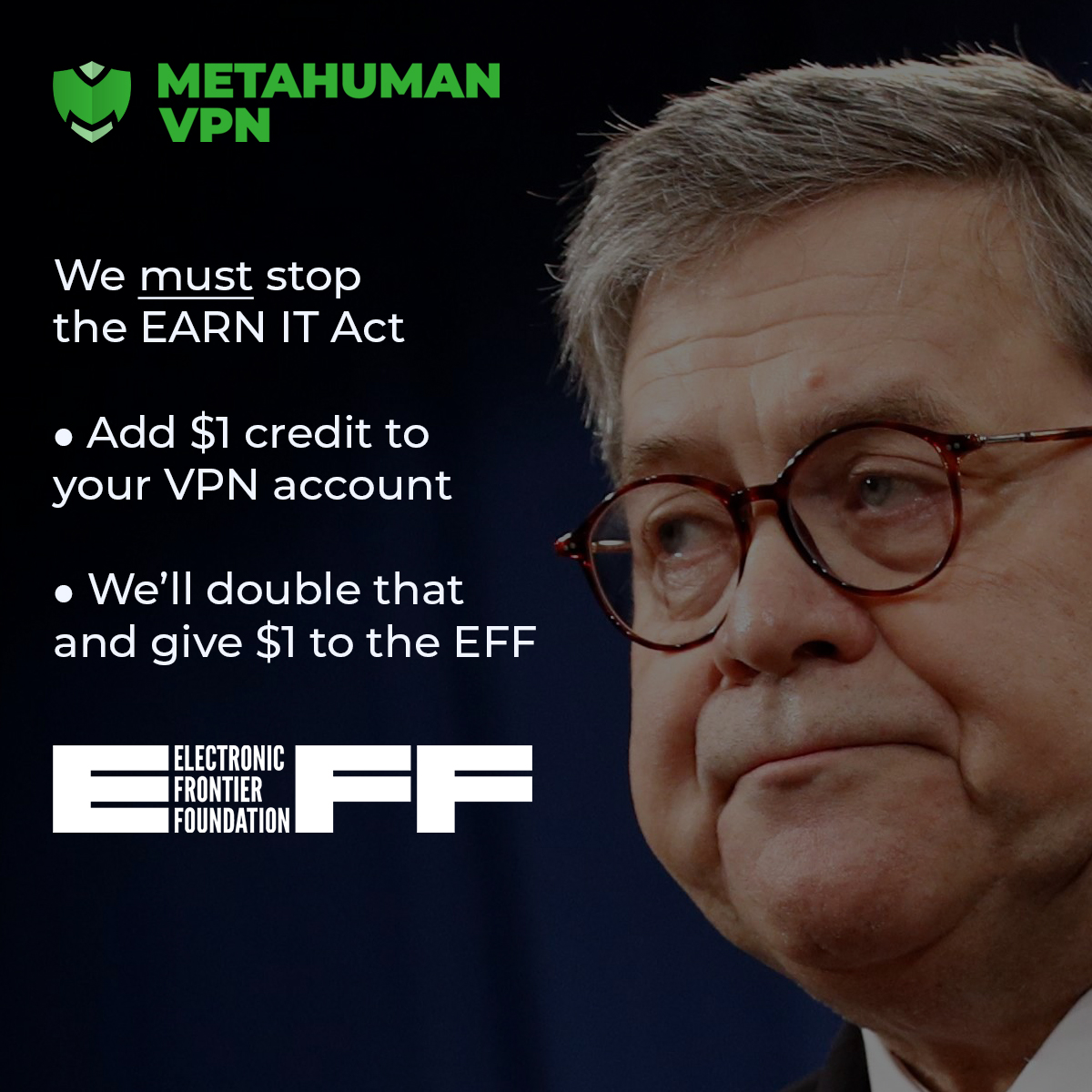 MetahumanVPN's tweet photo. We MUST Stop the EARN IT act. Another very real threat to privacy and encryption. Through March 31st, add $1 in credit to your VPN account, we double that and donate $1 to @EFF! ❤️

CALL YOUR CONGRESSMEMBERS!
.
.
.
#VPN #localbusiness #PDX #onlineprivacy #freespeech https://t.co/TH0Pd7jjhI
