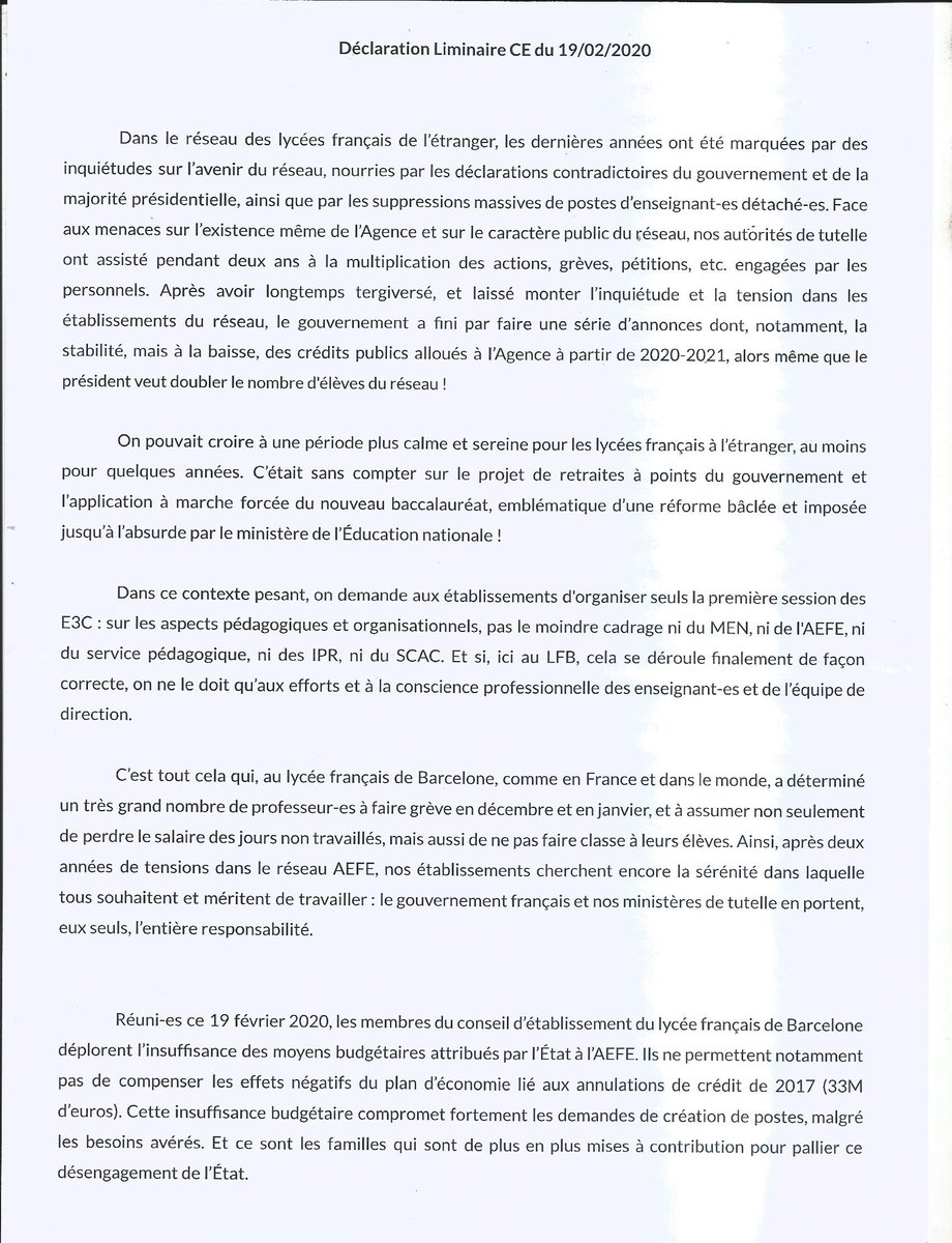 snesespagne's tweet photo. Déclaration liminaire des personnels du Lycée 🇫🇷 de Barcelone au Conseil d'établissement. Non au désengagement de l'État du réseau #AEFE. Soutien des conseillers consulaires et des parents d'élèves de l'ALI. #AEFEendanger @sneshdf @SnuippHdf @PhilippeOgonow2  @StphaneEtcheve1 https://t.co/jvBsVZger1