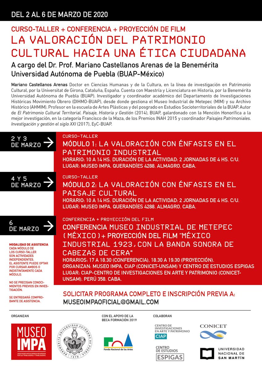 museoIMPA's tweet photo. Programa completo e inscripción previa a: museoimpaoficial@gmail.com Cierre de inscripción jueves 27 de febrero. ⁦@ATMuseos⁩, ⁦⁦@BAMuseosyPatrim⁩, ⁦@CulturaNacionAR⁩, #marianocastellanosarenas, #patrimonioindustrial, #patrimoniopaisajecultural, https://t.co/DSP6XIMfoU