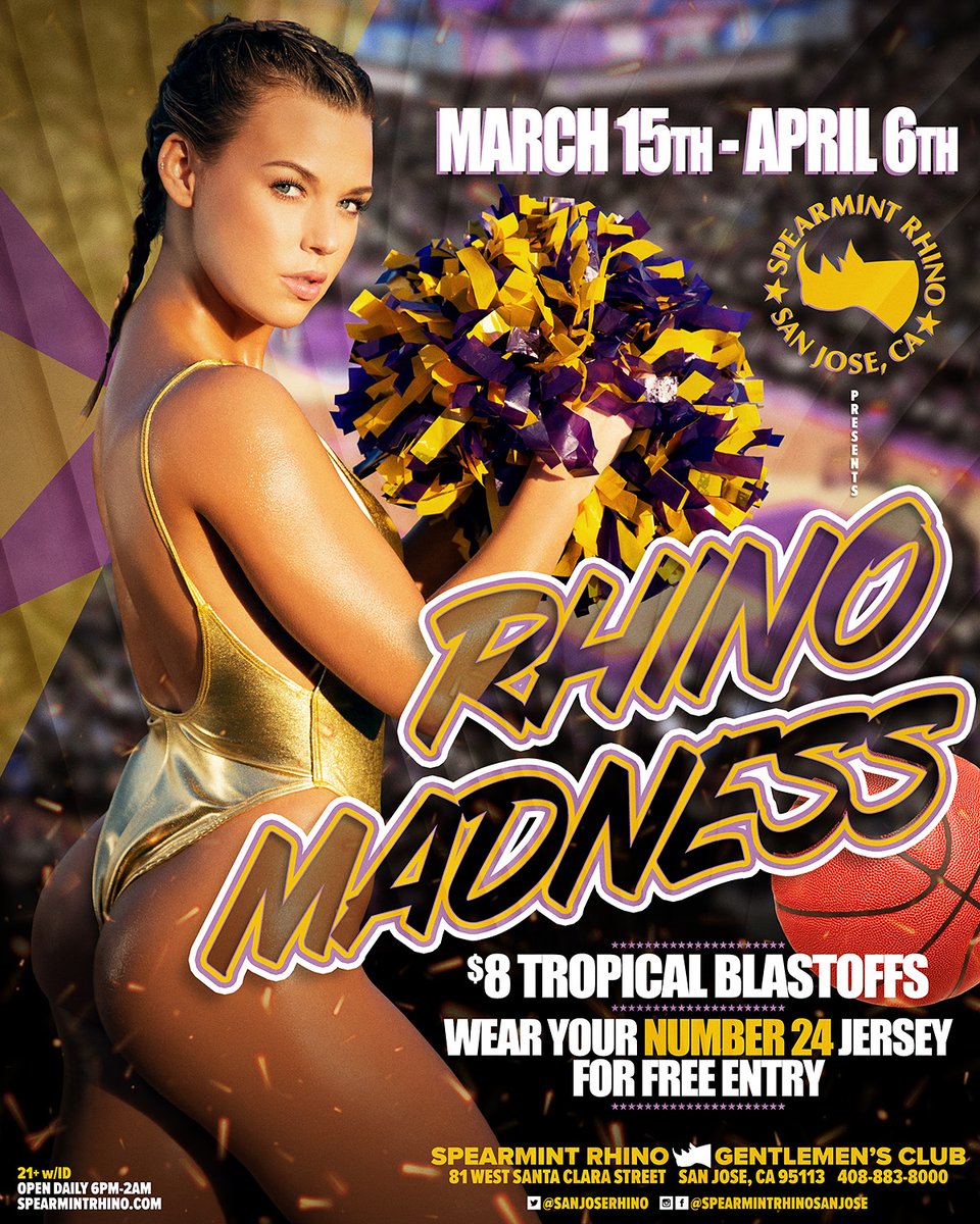 SanJoseRhino's tweet photo. Rhino Madness
$8 Tropical Blastoffs
Wear your number 24 jersey for FREE entry!
#Spearmint #Rhino #Style #Girls #Sexy #Entertainers #Basketball #Madness #PullUp #GameDay #GameNight #BallLife #24 #FreeEntry #BottleServices #GentlemensClub #SanJose https://t.co/J310t74xB1