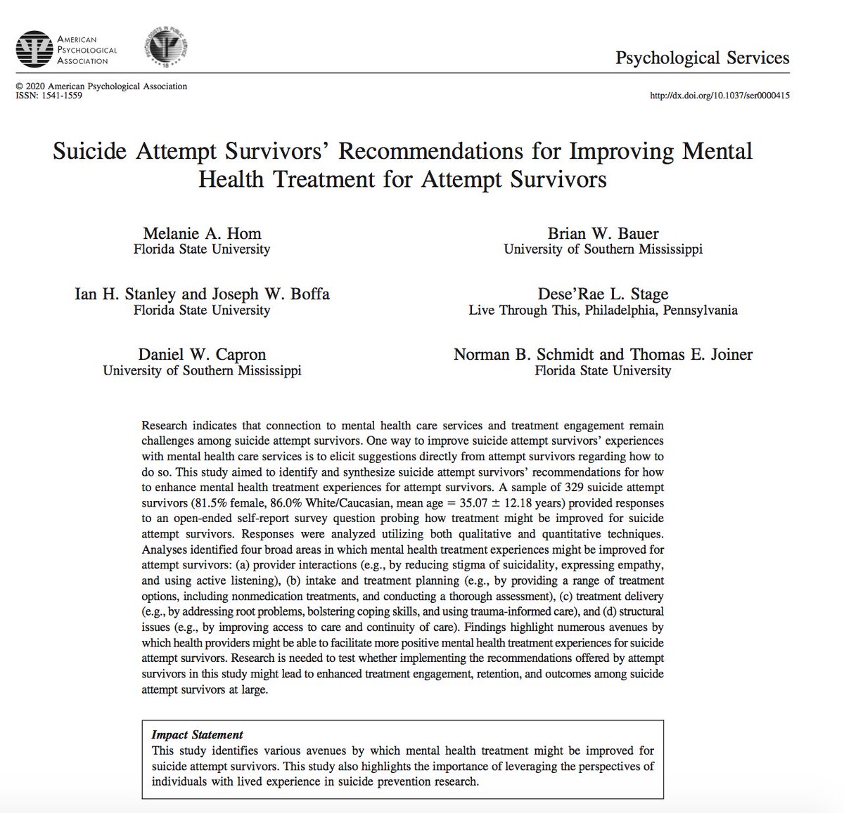 Daniel Coppersmith (@ddlcoppersmith) on Twitter photo “Suicide Attempt Survivors’ Recommendations for Improving Mental Health Treatment for Attempt Survivors”. An important new paper from Melanie Hom, Brian Bauer, <a href="/ihstanley/">Ian Stanley, PhD</a>, Joseph Boffa, <a href="/deseraestage/">des! (she/her) 🏳️🌈</a>, Daniel Capron, Norman Schmidt, <a href="/JoinerLab/">Joiner Lab</a>:
ncbi.nlm.nih.gov/pubmed/32068415 “Suicide Attempt Survivors’ Recommendations for Improving Mental Health Treatment for Attempt Survivors”. An important new paper from Melanie Hom, Brian Bauer, <a href="/ihstanley/">Ian Stanley, PhD</a>, Joseph Boffa, <a href="/deseraestage/">des! (she/her) 🏳️🌈</a>, Daniel Capron, Norman Schmidt, <a href="/JoinerLab/">Joiner Lab</a>:
ncbi.nlm.nih.gov/pubmed/32068415