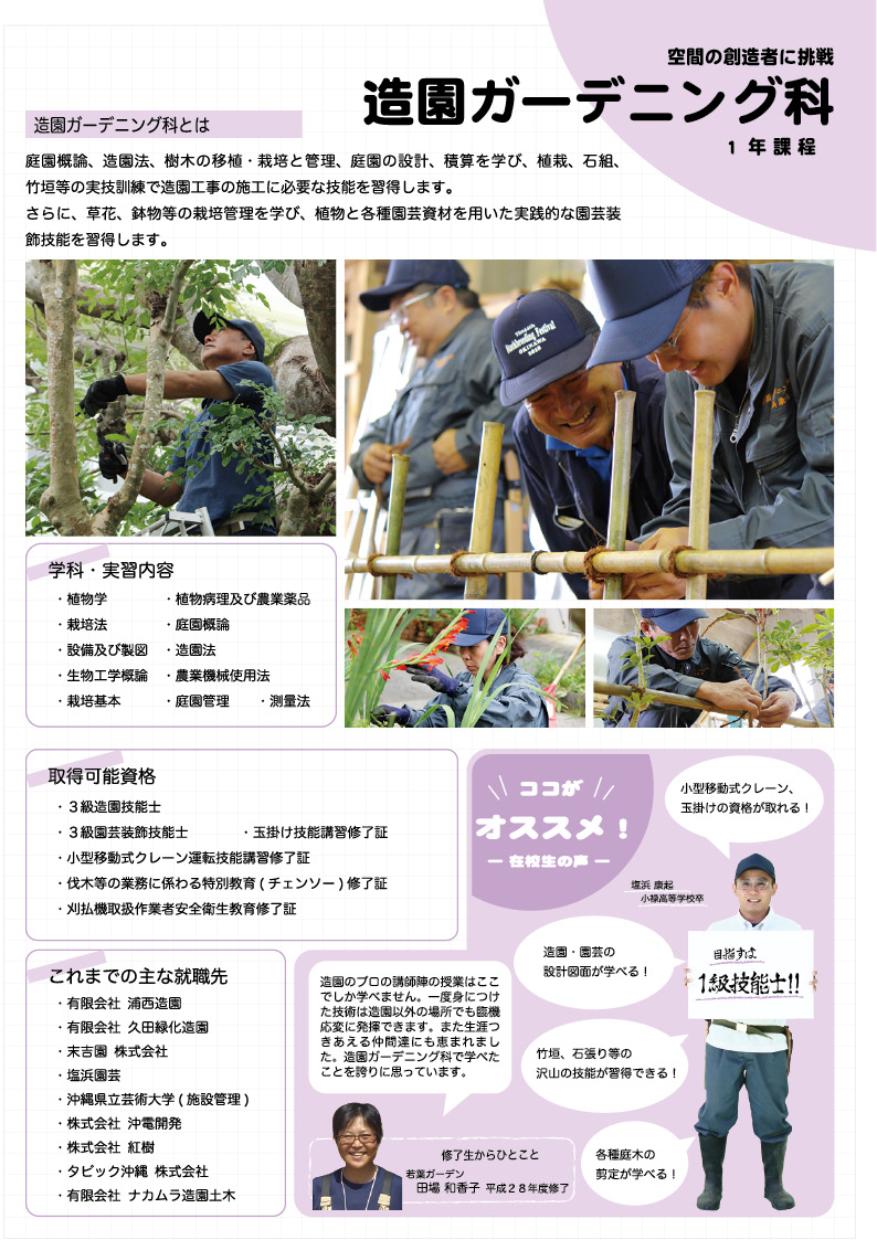 沖縄県立具志川職業能力開発校 令和2年度訓練生募集中 募集期間 令和2年1月27日 月 令和2年2月28日 金 造園ガーデニング科 離転職者 1年訓練 造園工事の施工に必要な技能や植物と各種園芸資材を用いた実践的な園芸装飾技能を習得できる 沖縄県立具志川職業能力開発校 令和2年度訓練生募集中 募集期間 令和2年1月27日 月 令和2年2月28日 金 造園ガーデニング科 離転職者 1年訓練 造園工事の施工に必要な技能や植物と各種園芸資材を用いた実践的な園芸装飾技能を習得できる