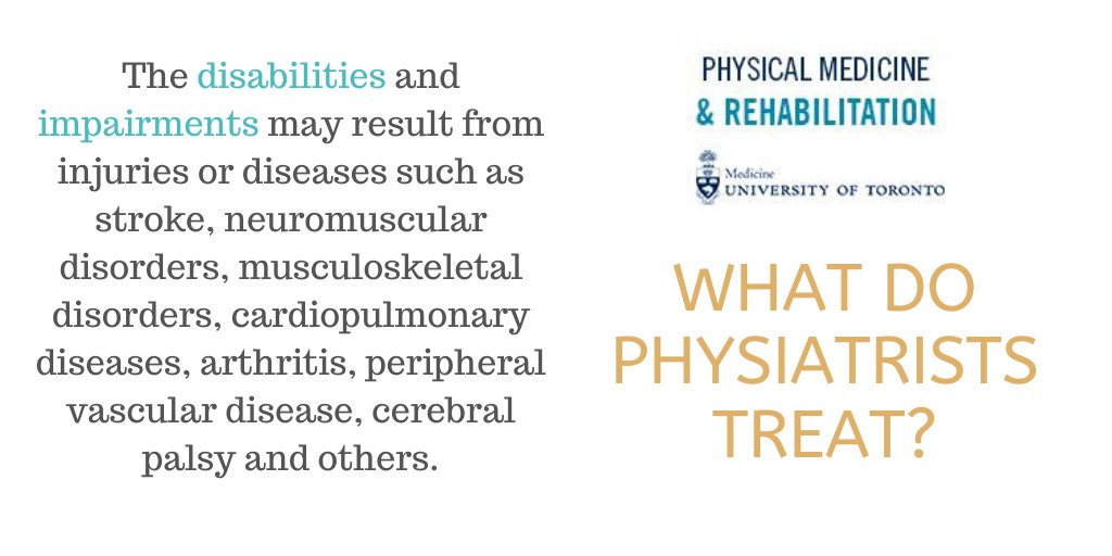UofT_Physiatry's tweet photo. What do #physiatrists treat?
The disabilities and impairments may result from #injuries or #diseases such as #stroke, #neuromuscular disorders, #musculoskeletal disorders, #cardiopulmonary diseases, #arthritis, #peripheralVascular disease, #cerebralpalsy and others. https://t.co/cUQI3hgGNW