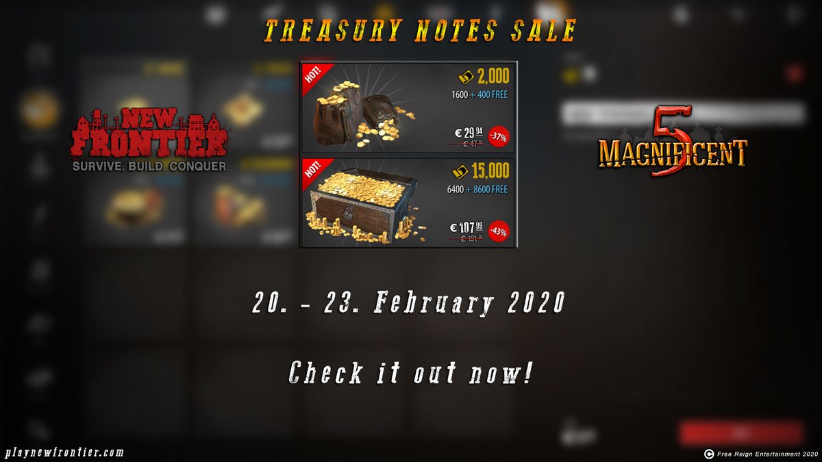 NewFrontierGame's tweet photo. Have you been longing for a new jacket? What about an eyepatch to hide your scar? Is your stallion up to par with your looks? Well, we bring you good news. 
We are doing a flash sale on TN purchases in New Frontier and Magnificent 5.
The sale ends on the 23rd of February, 2020. https://t.co/g5GMYcFlQ6