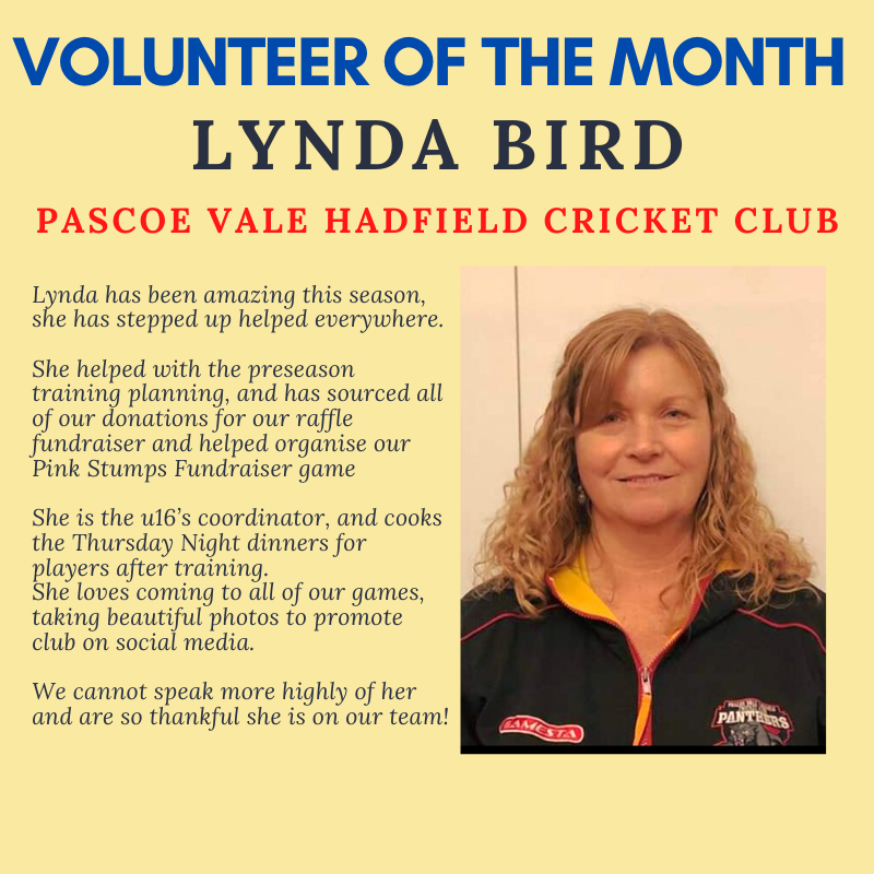 Congratulations to Lynda Bird from the Pascoe Vale Hadfield Cricket Club for winning the Volunteer of the Month Award for February 👏

You can submit a nomination for a hard working member of your club here: cricketvictoria.wufoo.com/forms/zmmxme40…