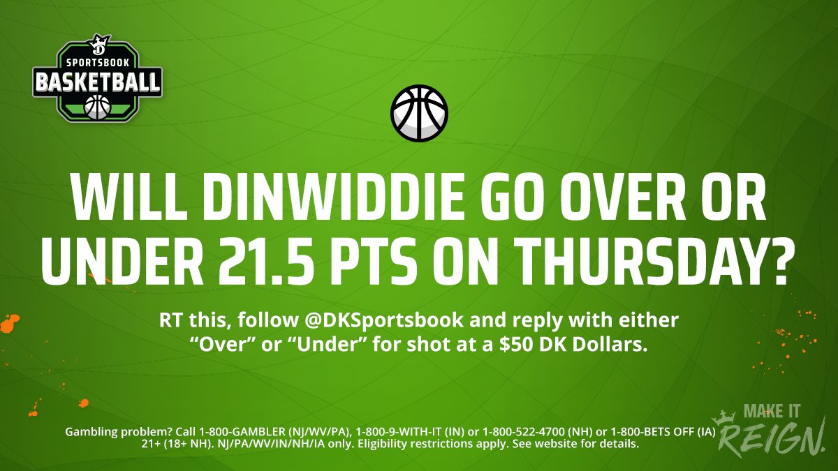 DKSports's tweet photo. 🚨GIVEAWAY🚨

Will Spencer Dinwiddie go Over or stay Under 21.5 points on Thursday in Philadelphia?

1. RT
2. Follow @DKSportsbook 
3. Reply correctly with "Over" or "Under"

Three randomly chosen right answers have a shot at $50 DK Dollars.

Ts &amp; Cs: https://t.co/Nq5AoVToas https://t.co/1TT6J4i7hx