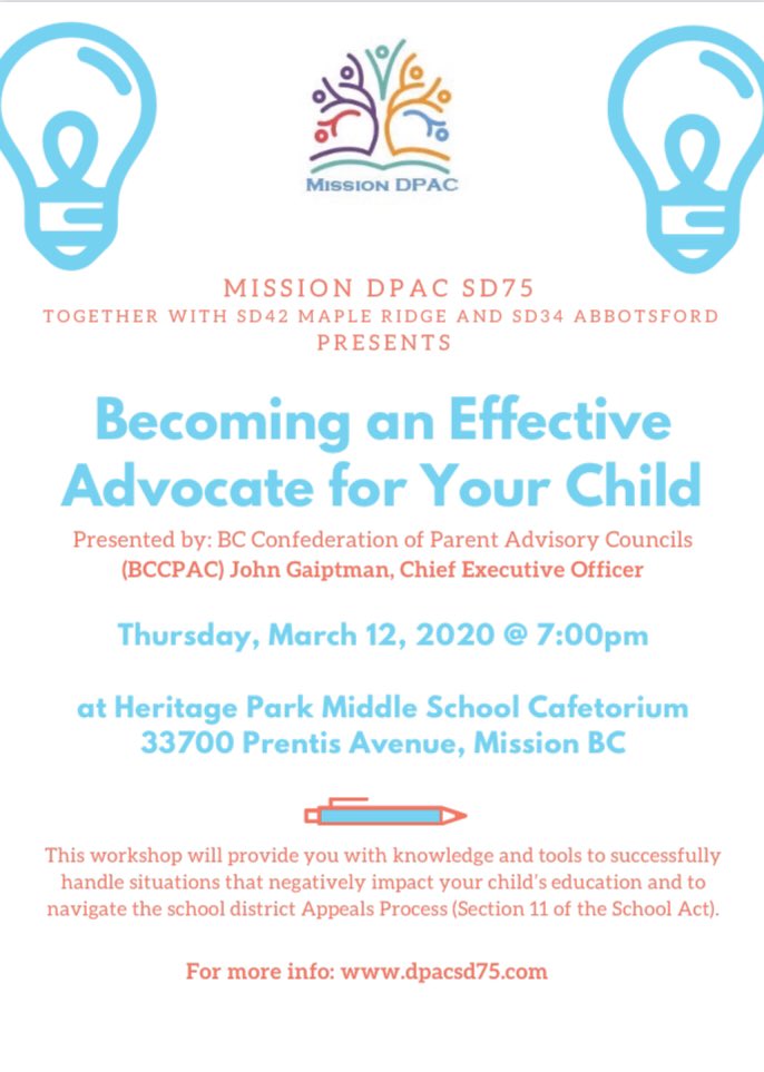 DpacMission's tweet photo. Becoming an Effective Advocate for your Child 

March 12, 2020 at 7:00 pm 

Heritage Park Middle School Cafetorium

Presented by:

BC Confederation of Parent Advisory Councils (BCCPAC)

John Gaiptman, Chief Executive Officer https://t.co/WKU0GNq4Mm