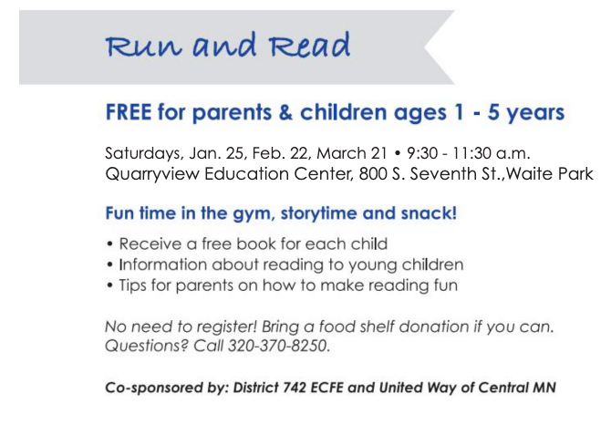 ISD742's tweet photo. It's another Run and Read this Saturday! You don't even have to sign-up. Just show up! #runandread @SCCOMMED1 https://t.co/YKAlYFXntZ