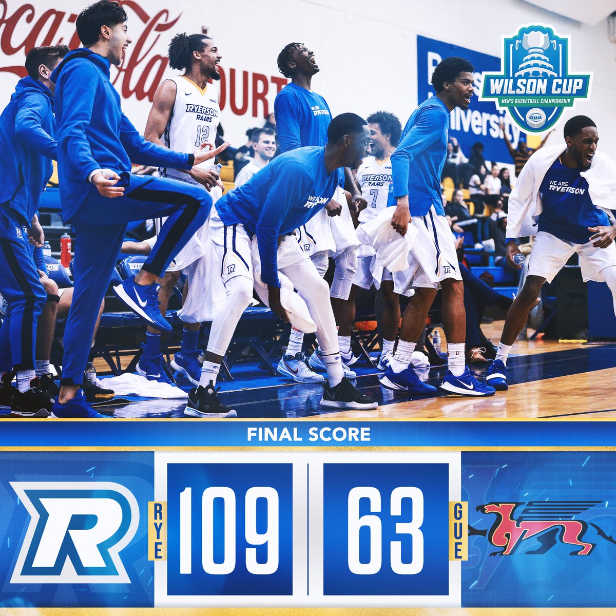M🏀 | FINAL: No. 6 <a href="/RyersonRamsMBB/">Ryerson MBB</a> topples the Guelph Gryphons with a massive 46-point victory in Round 1 of the #WilsonCup playoffs 🚨 

Ryerson advances to the OUA quarterfinals to take on the no. 5 Ottawa Gee-Gees on Saturday! 

#weRrams