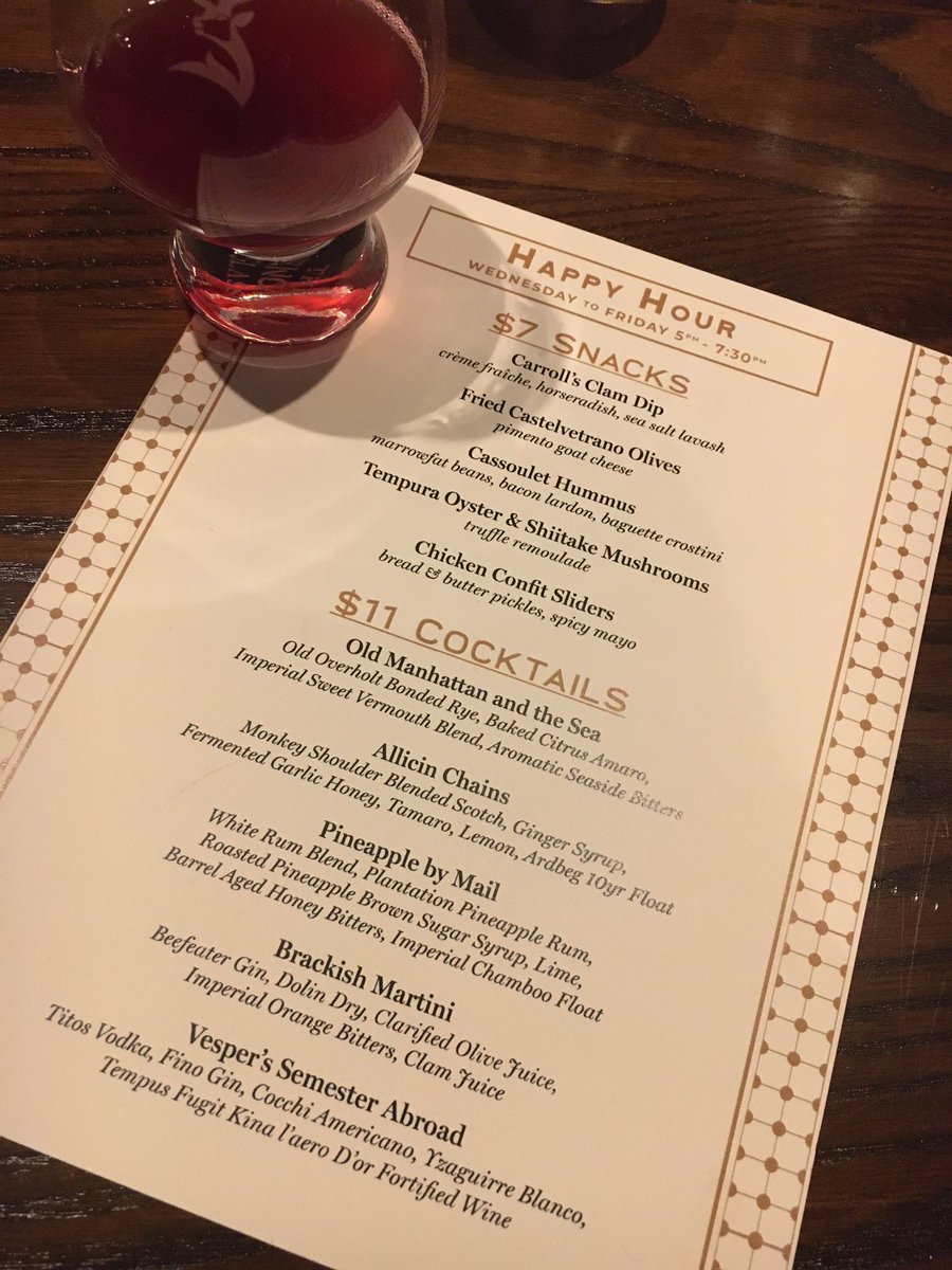 Great happy hour at <a href="/DramandGrain/">Dram & Grain</a>.  We had Alice In Chains, Vesper’s Semester Abroad, tempura oyster and shiitake mushrooms, and cassoulet hummus. Yum.  #AdamsMorgan